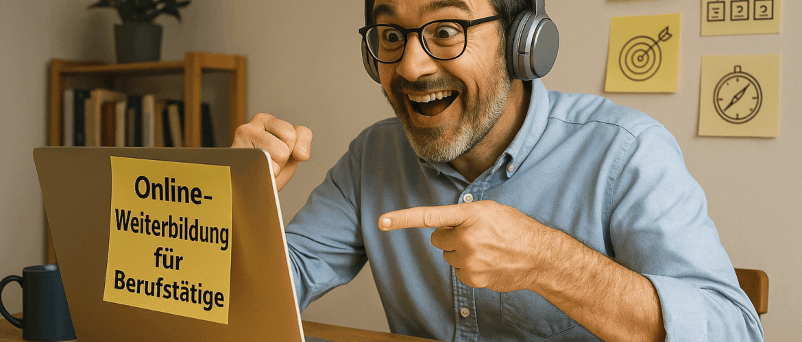 Berufstätiger sitzt lachend im Homeoffice vor dem Laptop, versucht online zu lernen, während Chaos aus Arbeit, Kaffee und Lernunterlagen ihn umgibt – humorvolle Darstellung von Online-Weiterbildung.