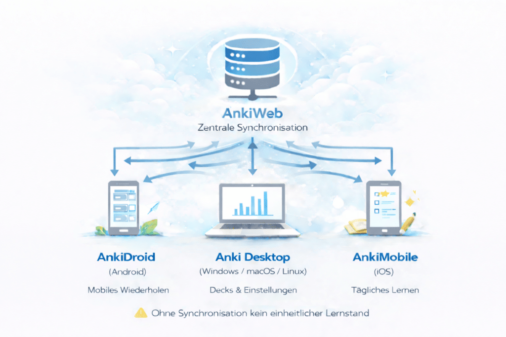 Infografik zur Anki-Synchronisation: AnkiWeb als zentrale Synchronisationsstelle verbindet Anki Desktop (Windows, macOS, Linux), AnkiDroid (Android) und AnkiMobile (iOS) mit bidirektionalen Pfeilen. Darstellung zeigt Datenaustausch von Lernfortschritt, Decks und Einstellungen. Hinweis: Ohne Synchronisation kein einheitlicher Lernstand.