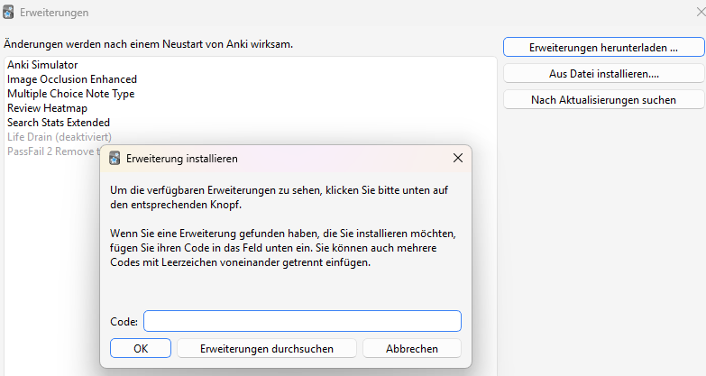Die Eingabemaske des Anki Add-On-Codes