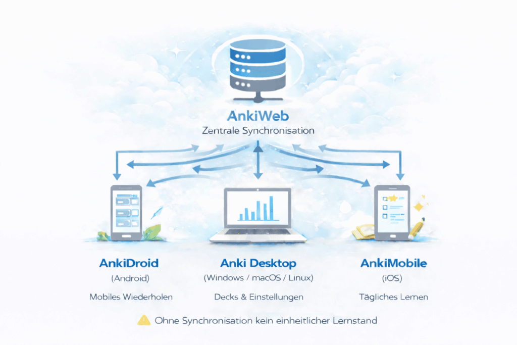 Infografik zur Anki-Synchronisation: AnkiWeb als zentrale Synchronisationsstelle verbindet Anki Desktop (Windows, macOS, Linux), AnkiDroid (Android) und AnkiMobile (iOS) mit bidirektionalen Pfeilen. Darstellung zeigt Datenaustausch von Lernfortschritt, Decks und Einstellungen. Hinweis: Ohne Synchronisation kein einheitlicher Lernstand.