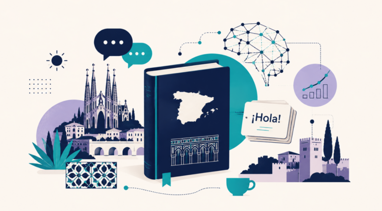 Ein Buch vor einer Reihe Wahrzeichen in Spanien.